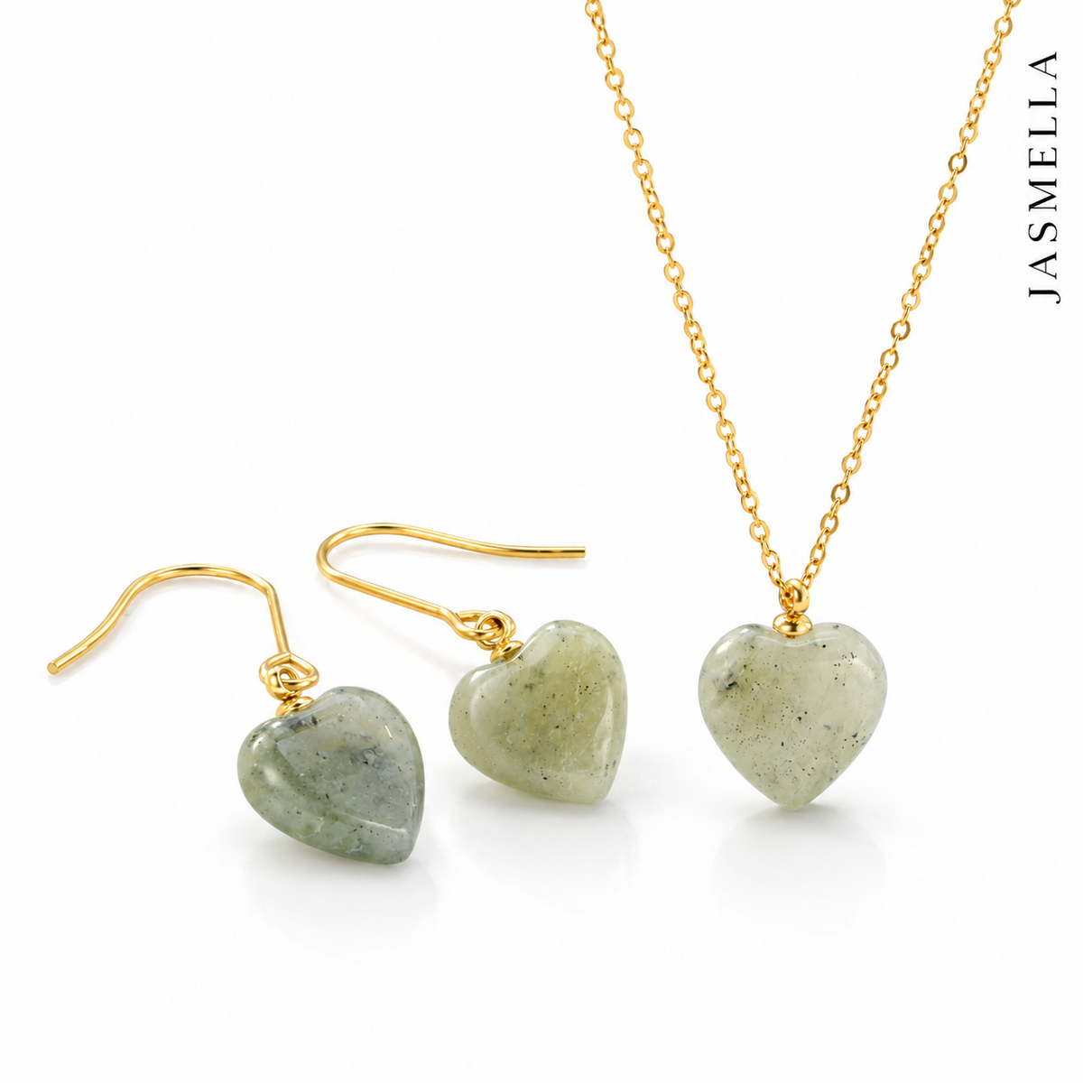 Velina Stone Heart Set – Kette und Ohrringe aus Edelstahl, vergoldet, Naturstein-Herzen – Ansicht 3