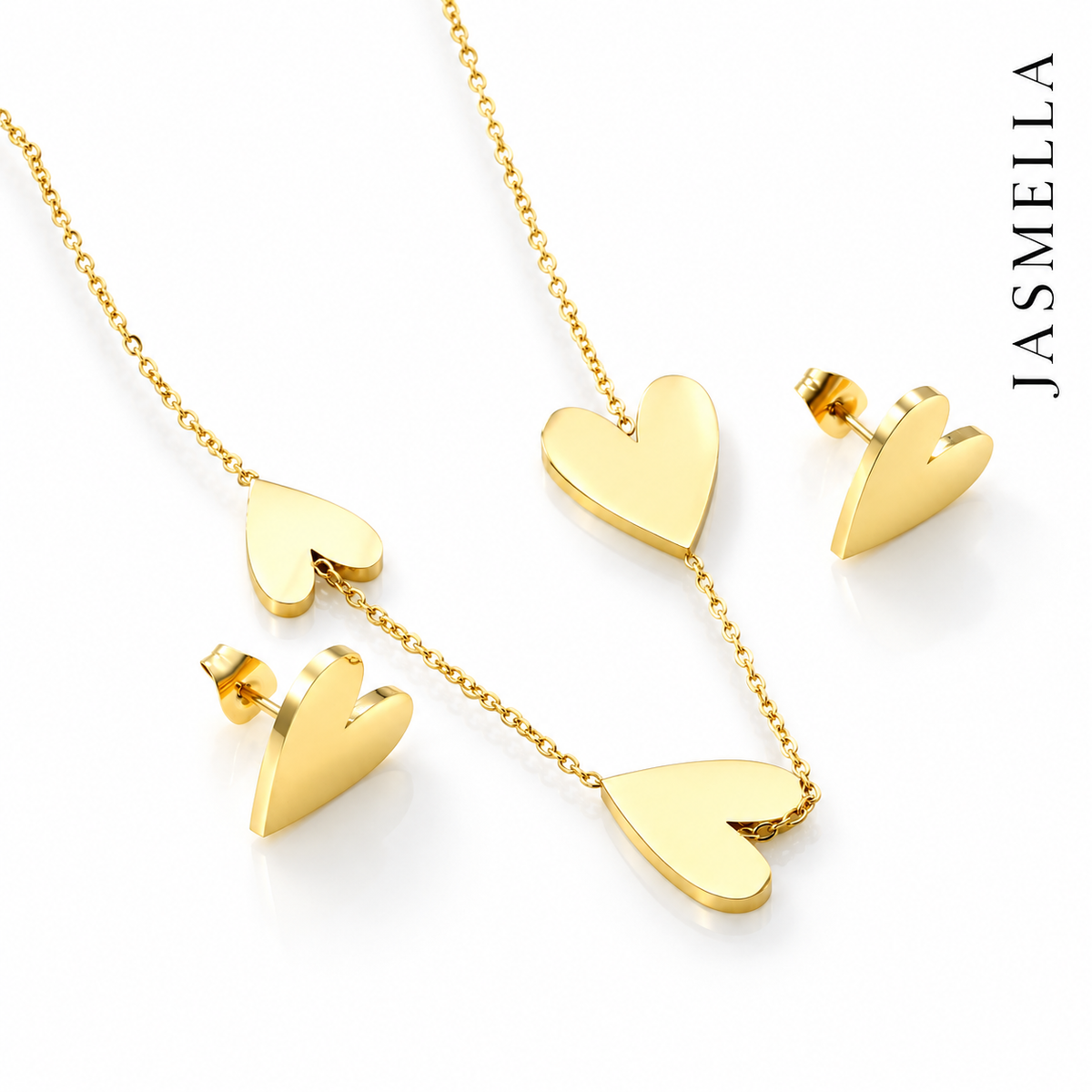 Vera Heartline Set – Kette und Ohrstecker aus Edelstahl, vergoldet, drei Herzen an der Kette – Ansicht 2
