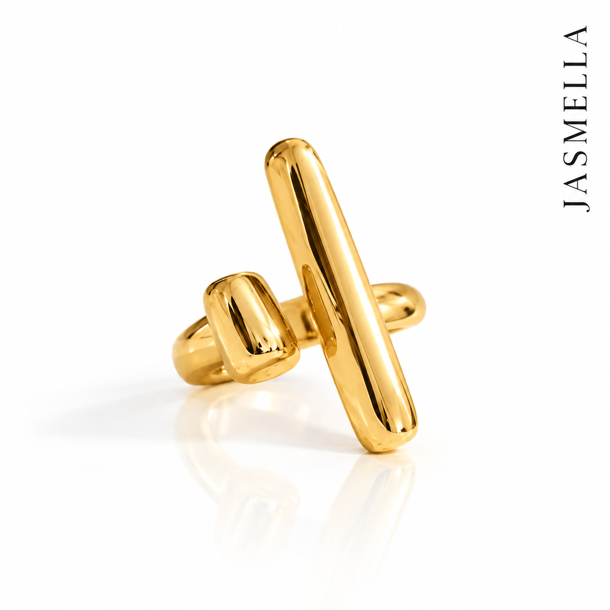 Veyra Ring – verstellbarer Ring aus Edelstahl, vergoldet, längliche skulpturale Form – Ansicht 3